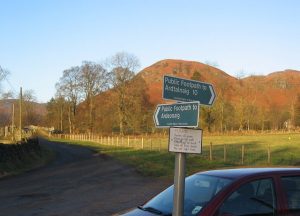 NN742473 Looking NW towards An Dun, at the meeting of drove roads in Glen Lednock, originating from different parts of Loch Tay (2005). NB There's often no path to keep to, and no requirement to keep to one. The rest of the advice is essential though!, © Richard Webb, Geograph