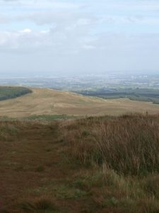 Top of the path to Tomtain from the Tak Ma Doon road. Climbing gently for the most part, it drops slightly more steeply from the top. On clearer days the view extends east across central Scotland - Grangemouth's flares are particularly eye-catching. © Alec MacKinnon, Geograph