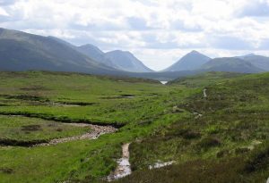 Allt an Inbhir. This burn follows a fault line that can be followed through Loch Trieg and Loch Etive, as well as the prominent pass between Buachaile Etive Mor and Buachaile Etive Beag, the Larig Gartain, seen here in the distance. © Richard Webb, Geograph