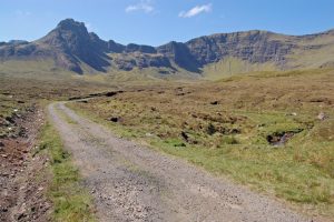NG478595: a dead-end track that runs from Lealt to Loch Cuithir. First built in connection with Diatomite extraction from the loch, it gives a very useful route into the east side of the Trotternish Ridge. The distinctive peak is Sgurr a' Mhadaidh Ruaidh. © John Allan, Geograph