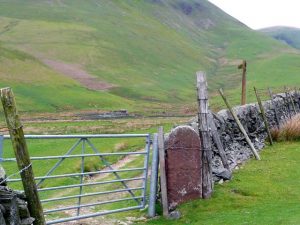 NS 898 044: this gate above the Kirk Burn leads through to the track going to the Durisdeer Roman Fortlet. Note the bench mark. © Gordon Brown, Geograph