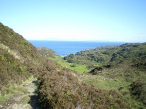 Towards Eilagadale Bay from the hillpath. In early spring, the large green area in the photograph is not a crop or field - it is an area of fresh bracken. The beach in the distance is just below the cottage at Eilagadale. © Richard Law, Geograph