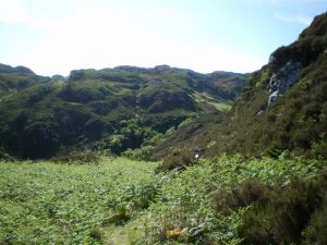 Valley of the Allt Eilagadale. The photo is looking upstream towards the ford where the hillpath crosses the Allt, and then the line of rocky hills beyond, which are about 300 - 350m high. © Richard Law, Geograph