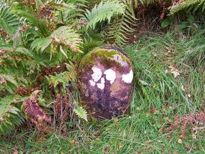 NG597367: at the end of the metalled road at North Fearns, a path leads to the cleared and ruined village of Hallaig and on up the east side of Raasay. Here, a small rounded stone inscribed with the figure 4 marks the distance in miles to Raasay House. © Richard Dorrell, Geograph