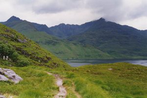 The path towards the end of its long journey along the south shore of the loch climbs to over 300 feet before gradually descending to this point, leaving a short steep drop of 150 feet to its end on Barrisdale Bay. , © Nigel Brown, Geograph