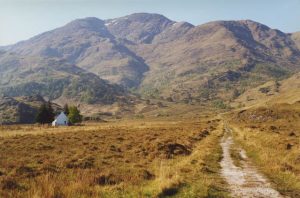 Beyond the cottage, the path south from Barisdale splits, going left for the Mam Unndalain and straight on for the Mam Barrisdale. Luinne Bheinn lies ahead. © Nigel Brown, Geograph