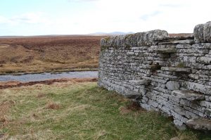 Acharynie cemetery in Strathmore, with a view over the moorland beyond the River Thurso.  Yes that is the only way into the cemetery, other than over the wall in a pine box. © Jim Bain, Geograph