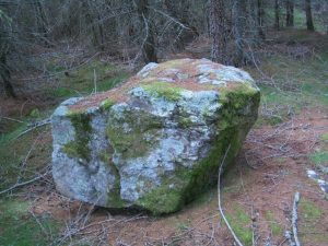 NO120571: The Rocking Stane is a famous landmark in Dalrulzion Forest (formerly Muir);  said to have been much bigger some centuries back, and still further back, the site of Druidical ceremonies. It lies beside the old track, close to many hut circles. © Laurence Davies, Geograph