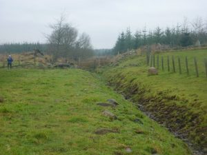 This shows where the old road enters the forestry and the barbed wire fence.  Prominent stones like the one on the right often make me think of louping stones (or mounting blocks) but it is probably just a remnant of the wall. © Neil Ramsay
