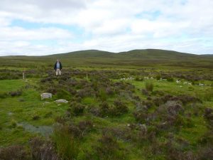 The remains of Bad Leathan.  The poles mark the corners of the far gable end and the two boulders are probably the doorway.  The kale yard is also evident with the stone enclosure dyke to the right.  , © Neil Ramsay