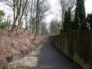 NS 720 785: looking east along the lane from Hill Road to the Tak-Ma-Doon. This lane was formerly a mineral railway line to the Neilston Pit. © BJ Smur, Geograph