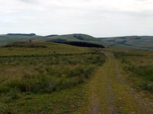NT788189: The Street, view west (2009). The standing stone can be seen on the knoll to the left with Horseshoe Wood on its right. View is across the valley at Hownam to Thowliestane Hill. © Andrew Curtis, Geograph