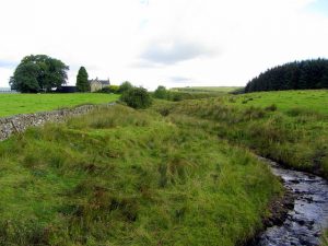 NY605968: Boarstone House, Deadwater (2014). Alongside the trees on the right, an old track, The Wheel Causeway, followed now by a bridleway, fords Deadwater Burn east of the farm and climbs Deadwater Rigg to cross the Border into Scotland at Turfy Knowe. © Andrew Curtis, Geograph