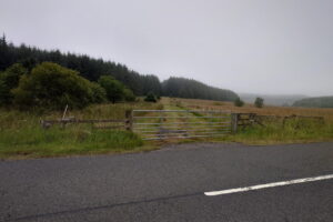 NT666077: Gate from the A608 road (2026) © Sarah Dalrymple
