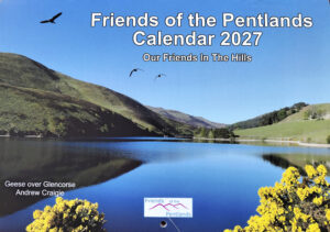 Front cover of Friends of the Pentlands calendar 2027 showing a photo of geese flying over Glencorse Reservoir in the sun.
