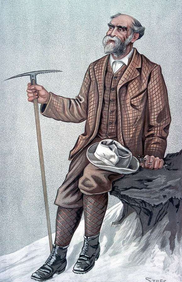 Pen and ink drawing of Viscount James Bryce holding an ice axe